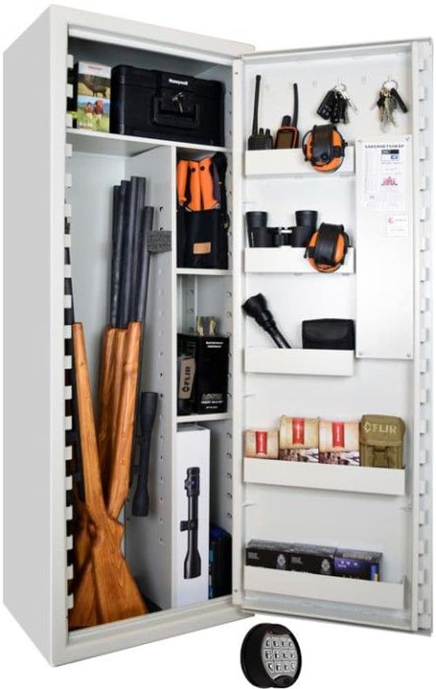 SP88E Vapenskåp Vit för 8-16 vapen med elkodlås och brandbox, view: 0