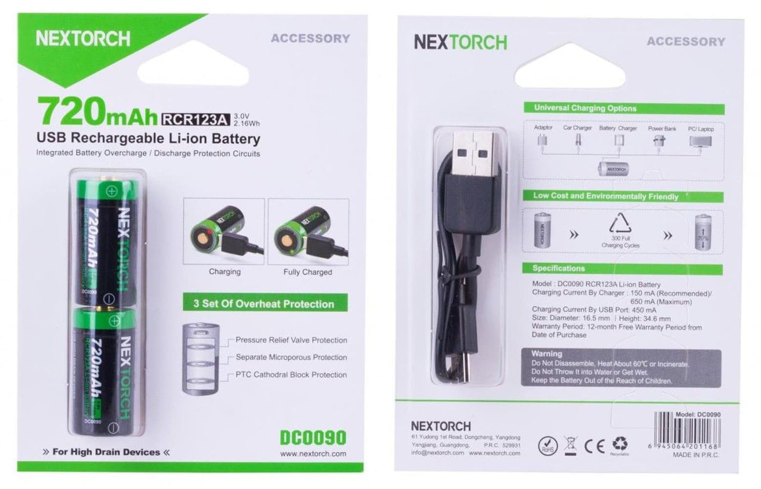 Uppladdningsbart CR123 batteri med laddkontakt i batteriet. 2-pack, view: 0