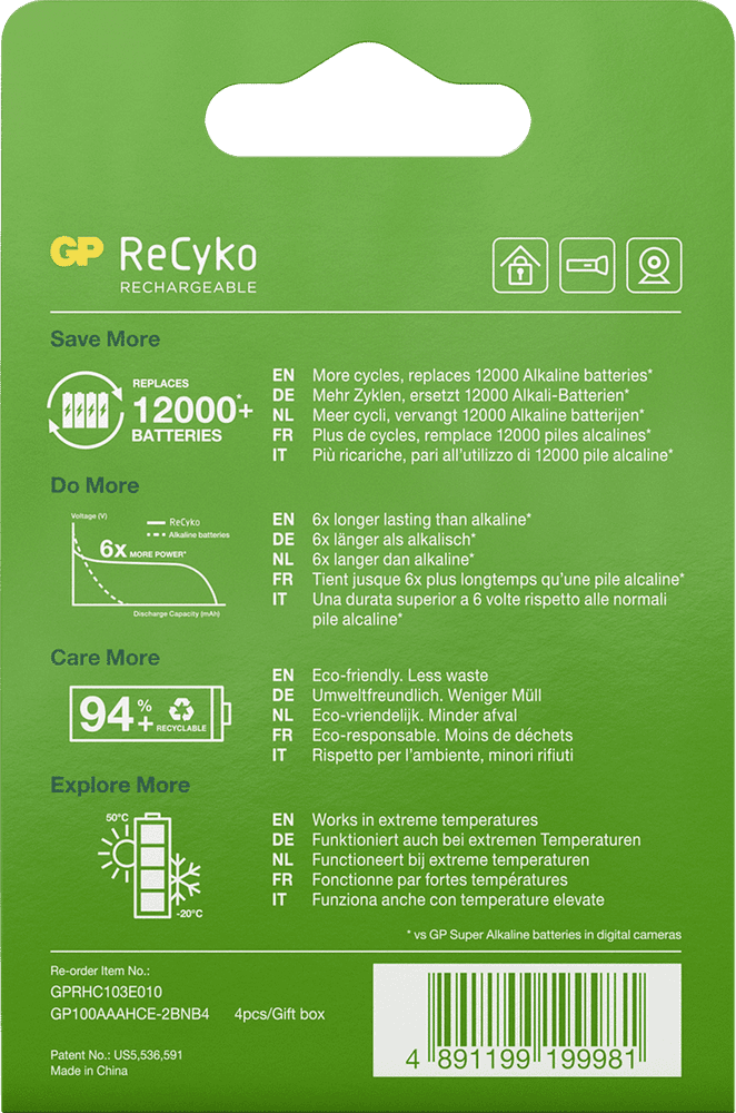 GP ReCyko AAA-batteri 950mAh, 4-pack Laddningsbart, view: 2