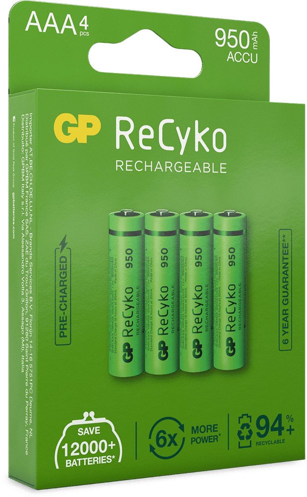 GP ReCyko AAA-batteri 950mAh, 4-pack Laddningsbart, view: 1