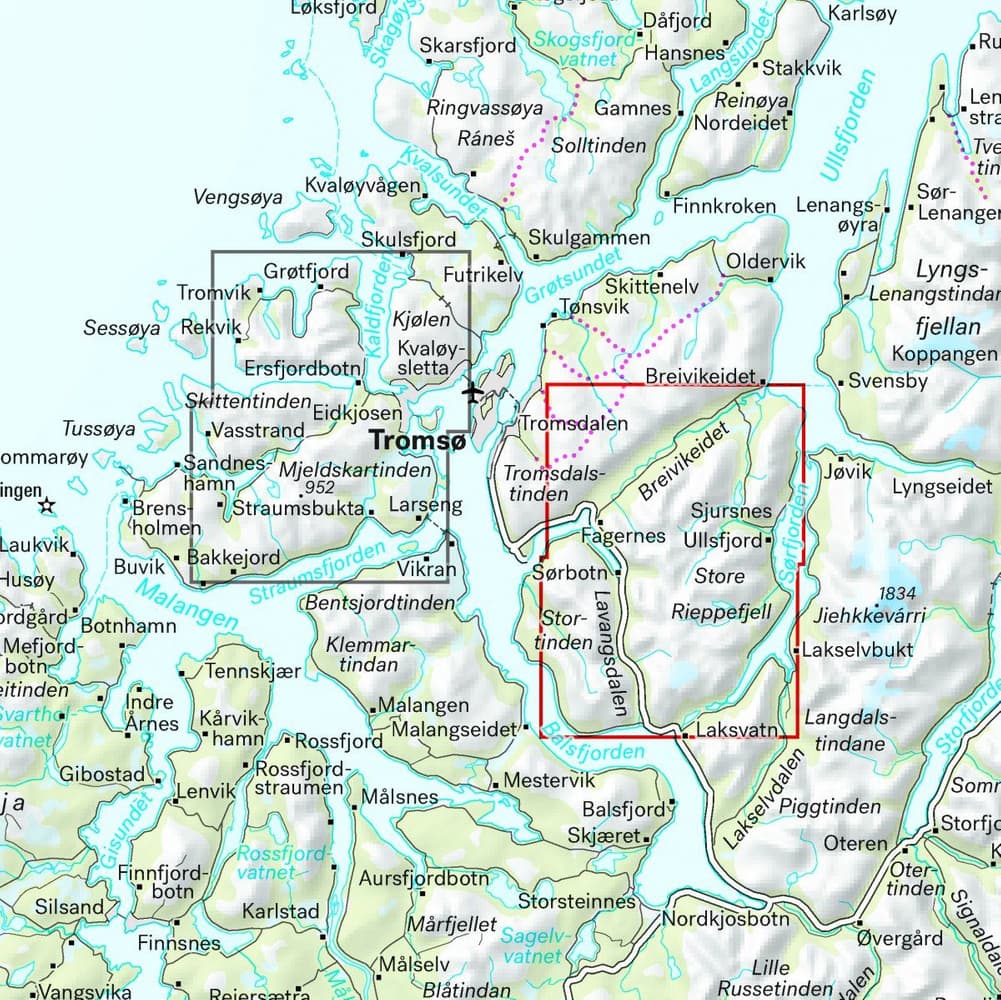 Høyfjellskart Tromsø: Breivikeidet Laksvatn 1:25 000, view: 1