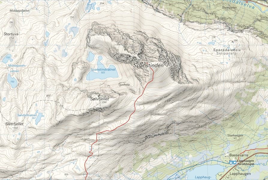 Høyfjellskart Narvik: Spanstinden & Dudalstinden 1:25 000, view: 2