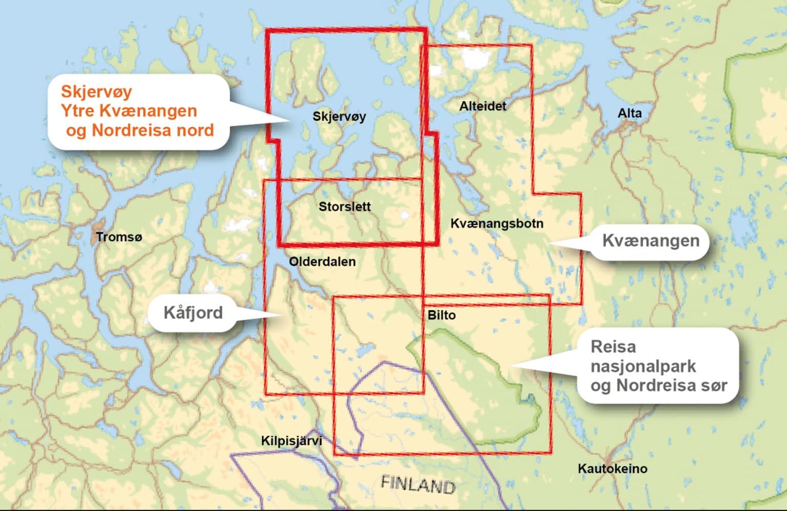 Turkart: Skjervøy, Ytre Kvænangen, Nordreisa Nord 1:50 000, view: 1