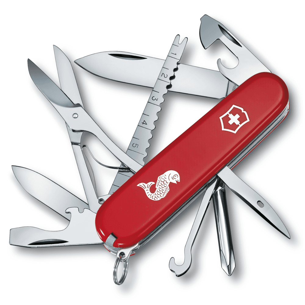 Fickkniv Fisherman-Logo Original Swiss Army 91 Mm Röd Med Fisk-Inlägg, view: 0