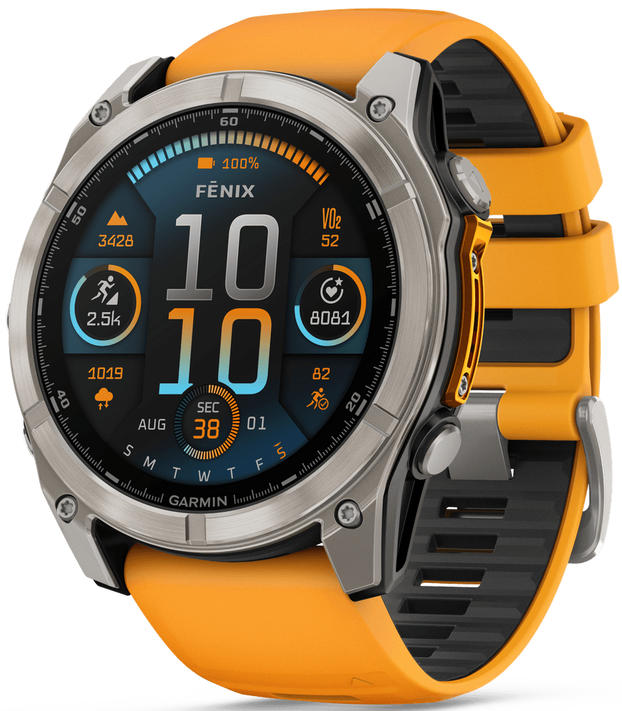 productImage: Fenix 8 51mm AMOLED Sapphire Titanium with Spark Orange Graphite Silicone Band