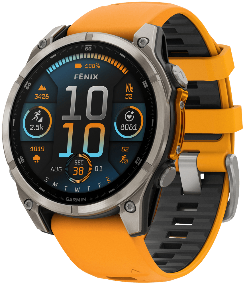 productImage: Fenix 8 47mm AMOLED Sapphire Titanium with Spark Orange Graphite Silicone Band