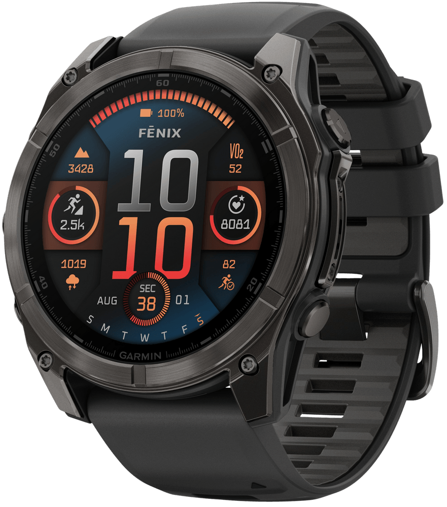 productImage: Fenix 8 51mm AMOLED Sapphire Carbon Gray DLC Titanium with Black Pebble Gray Silicone