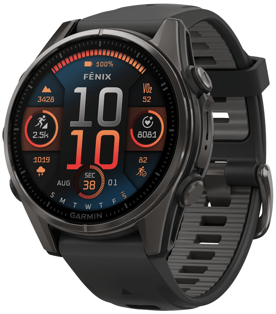 productImage: Fenix 8 43mm AMOLED Sapphire Carbon Gray DLC Titanium with Black Pebble Gray Silicone