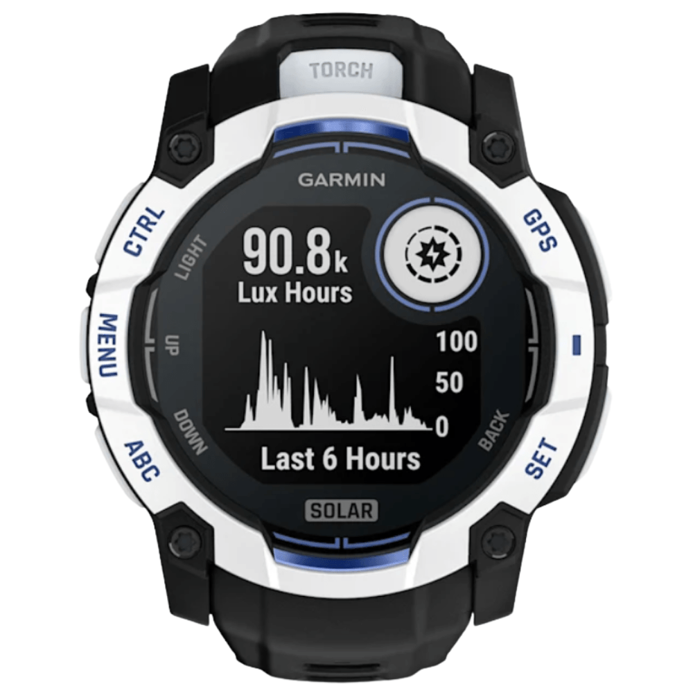 productImage: Instinct 3 50 mm, Solar Whitestone With Black/Bolt Blue Silicone Band